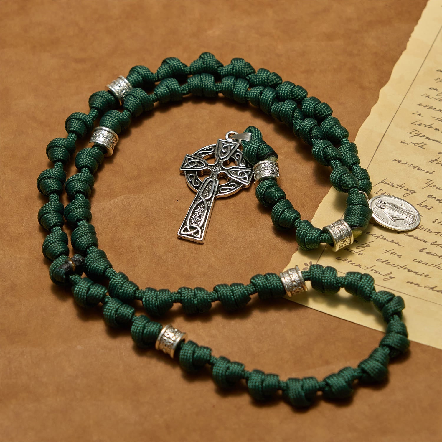 Christiandiscipleshop St. Patrick Medal Dark Green Celtic Style Cross Handmade Inspired Paracord Knotted Rosary