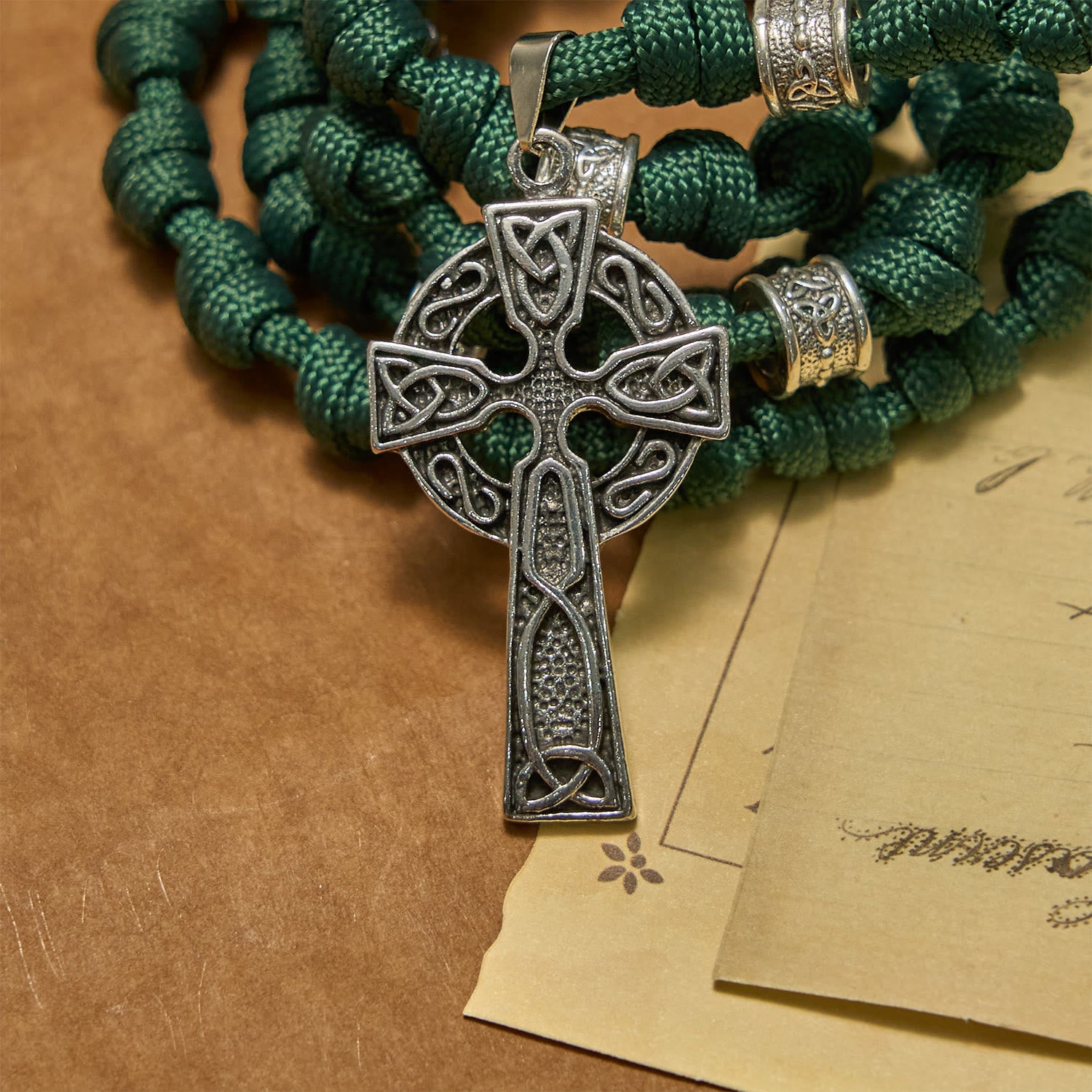 Christiandiscipleshop St. Patrick Medal Dark Green Celtic Style Cross Handmade Inspired Paracord Knotted Rosary