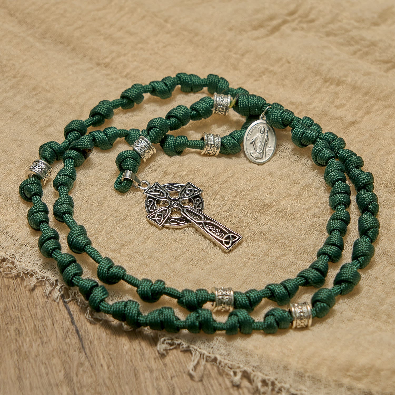 Christiandiscipleshop St. Patrick Medal Dark Green Celtic Style Cross Handmade Inspired Paracord Knotted Rosary