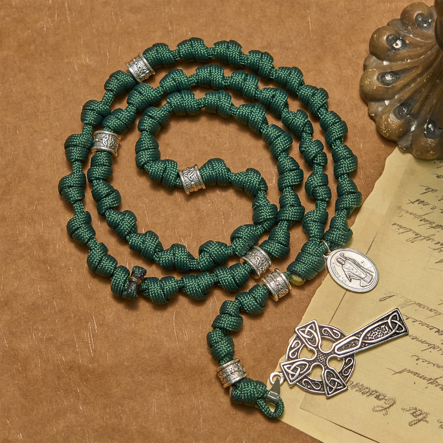 Christiandiscipleshop St. Patrick Medal Dark Green Celtic Style Cross Handmade Inspired Paracord Knotted Rosary