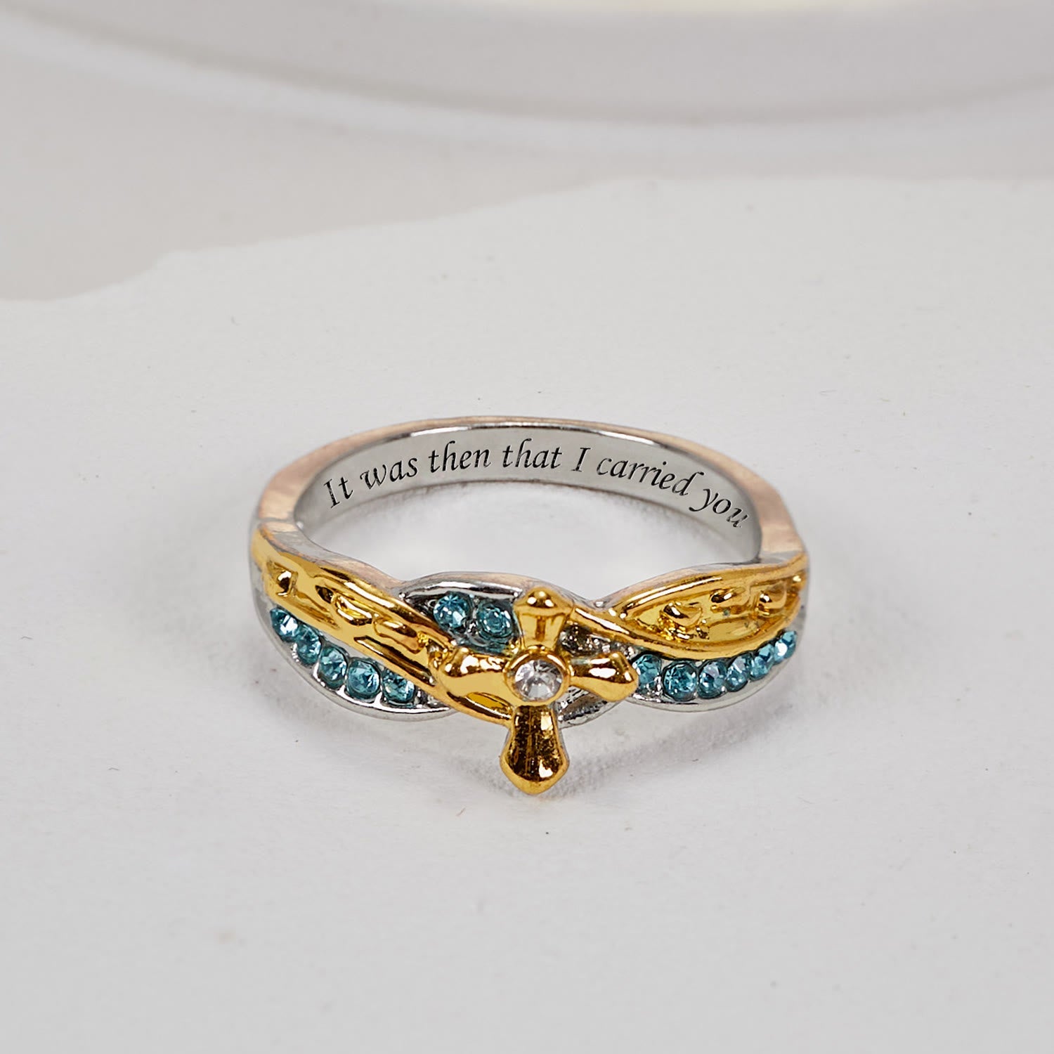 christiandiscipleshop Two-color Heart with Christian Poem Footprints in the Sand Alloy Ring