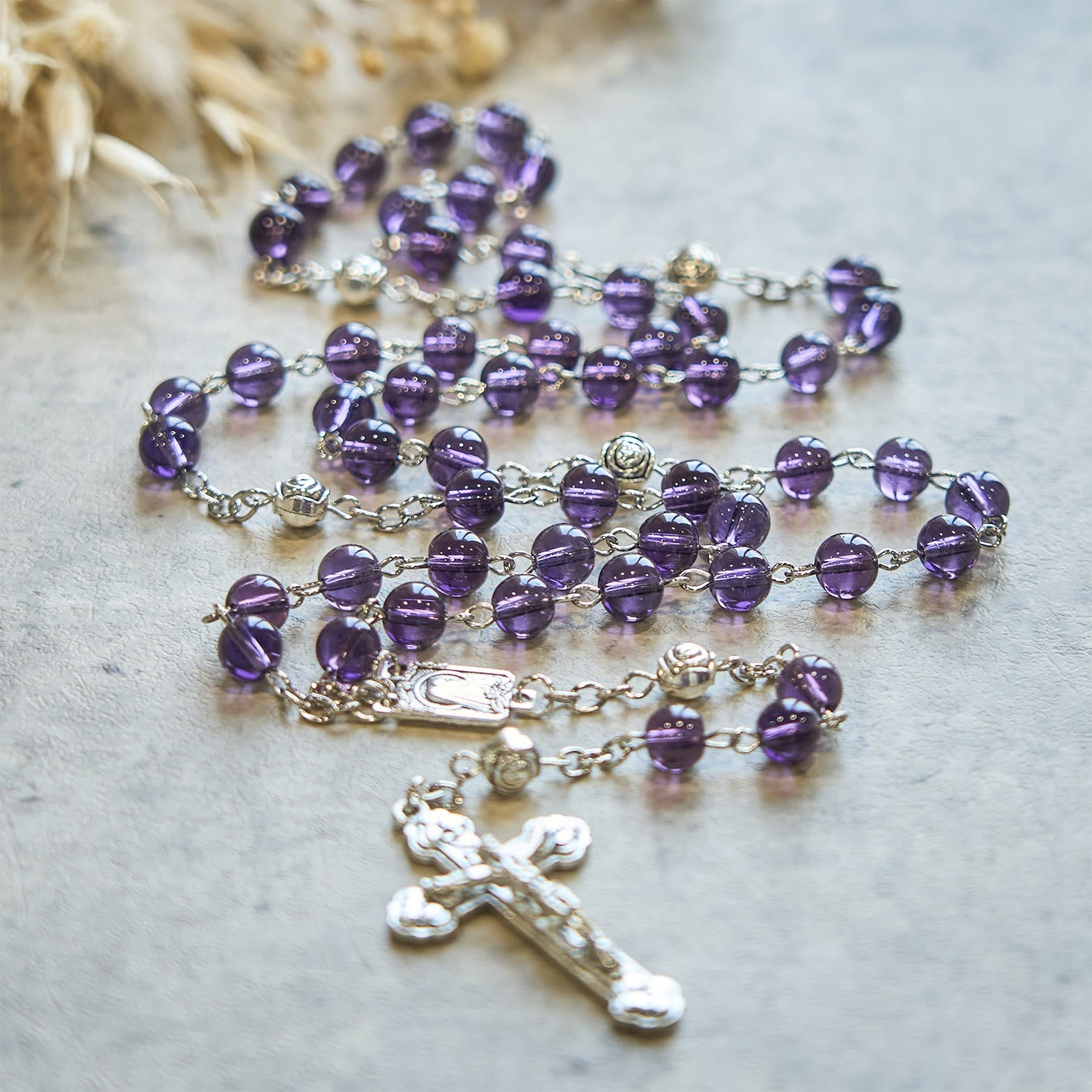 Christiandiscipleshop Clear Purple Glass Beads Devotion Rosary with Rose Our Father Beads