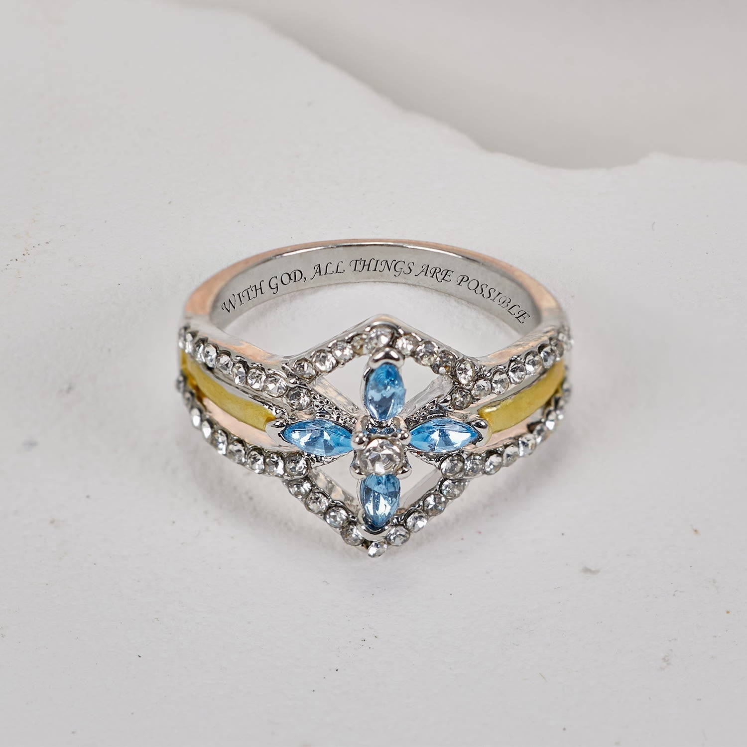 Christianartworkshop Blue Crystal Gemstones Luxurious Cross Ring - With God, All Things Are Possible