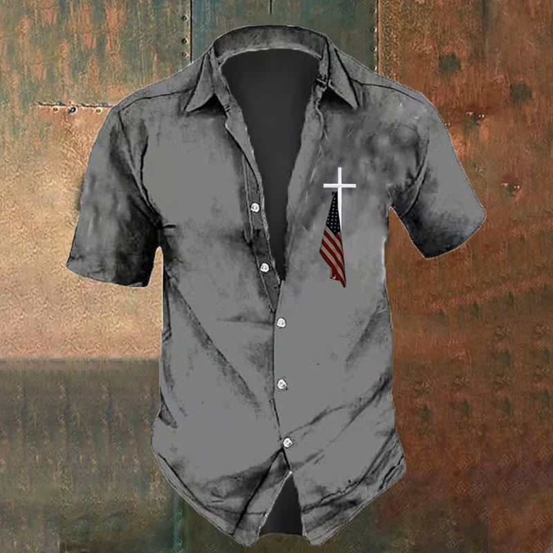 christiandiscipleshop Men's Vintage Flag Cross Print Shirt
