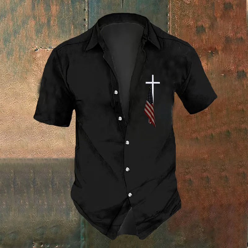 christiandiscipleshop Men's Vintage Flag Cross Print Shirt