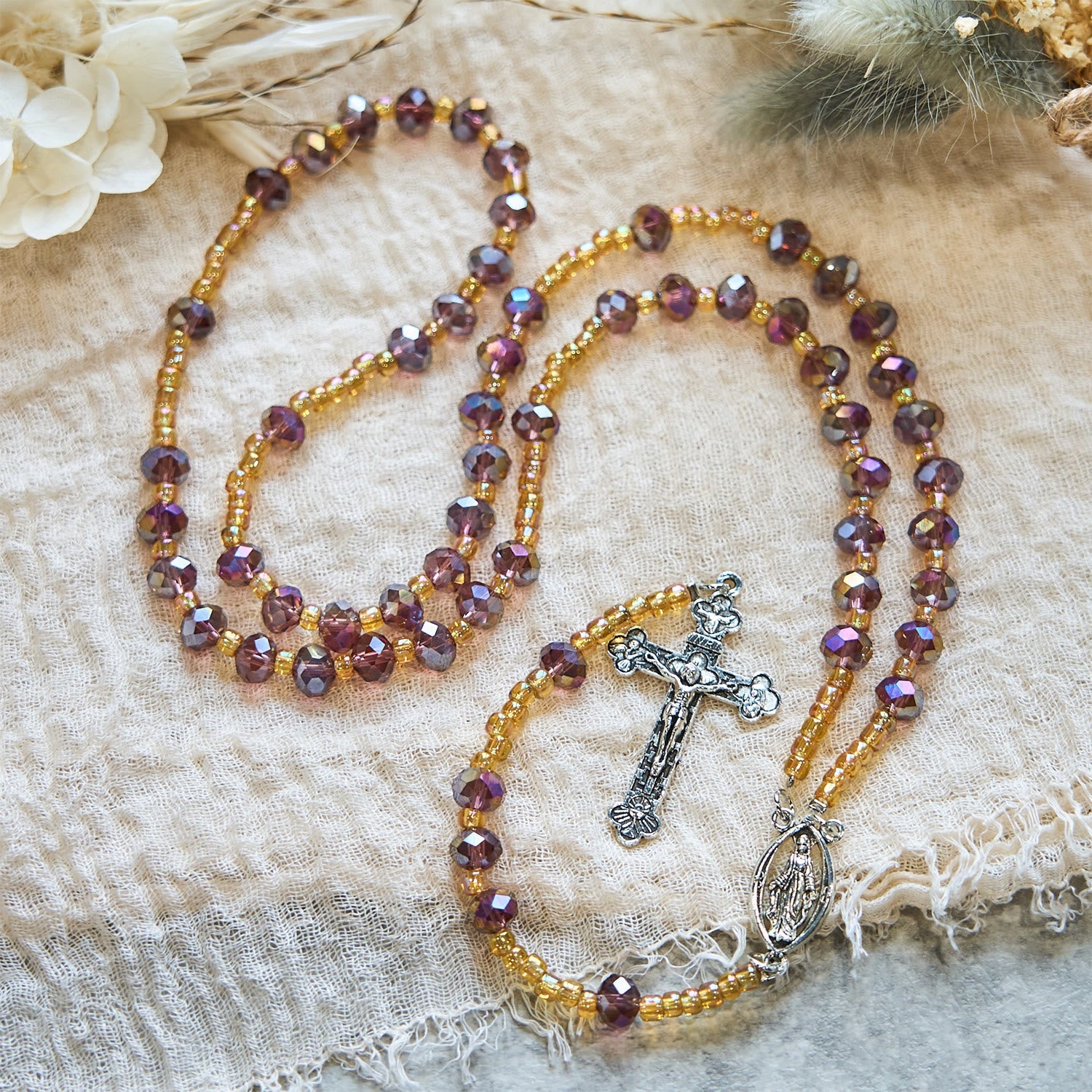 christiandiscipleshop Handmade Crucifix Purple Crystal & Glass Our Lady Beads Divine Grace Rosary