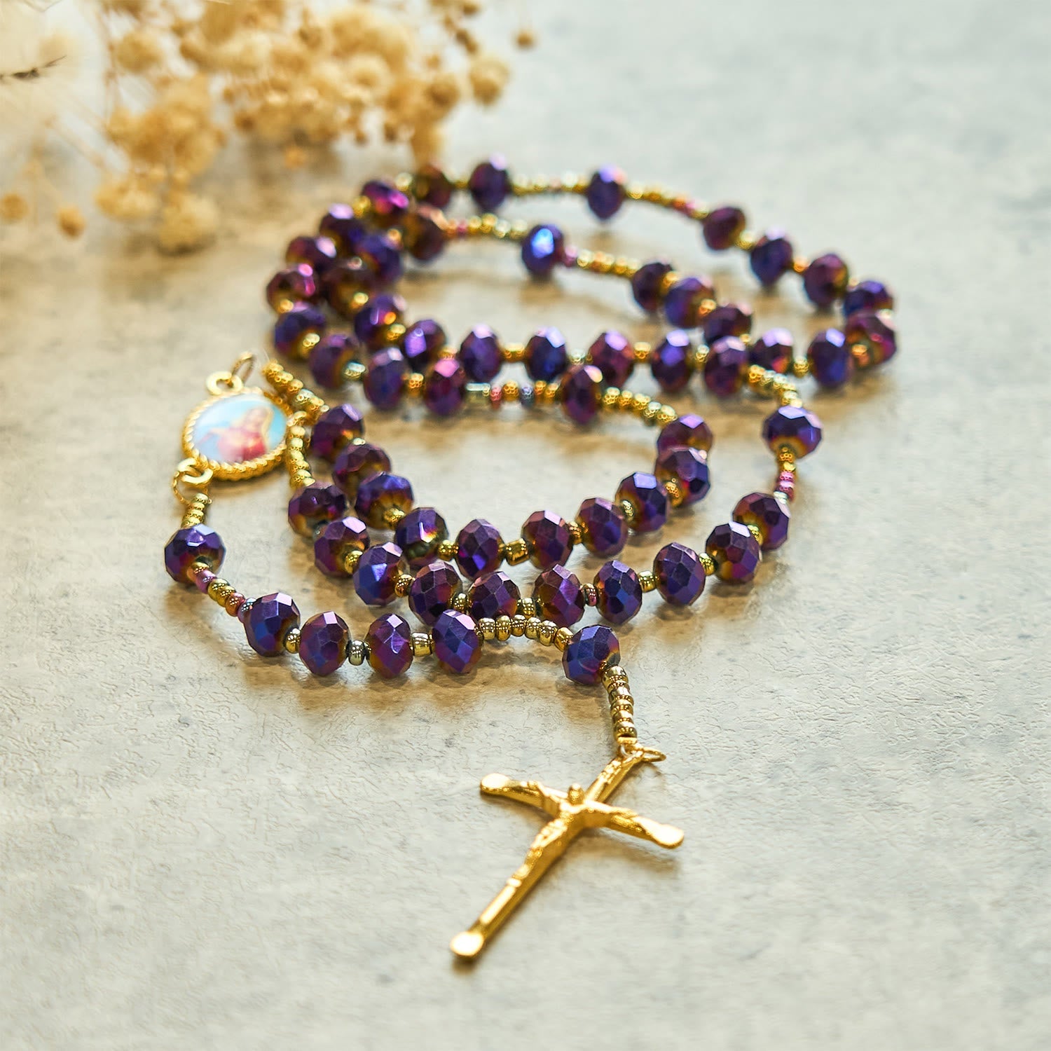 FREE Today: Our Lady Medal & Crucifix of 8mm Purple Glass & Crystal Beads Rosary