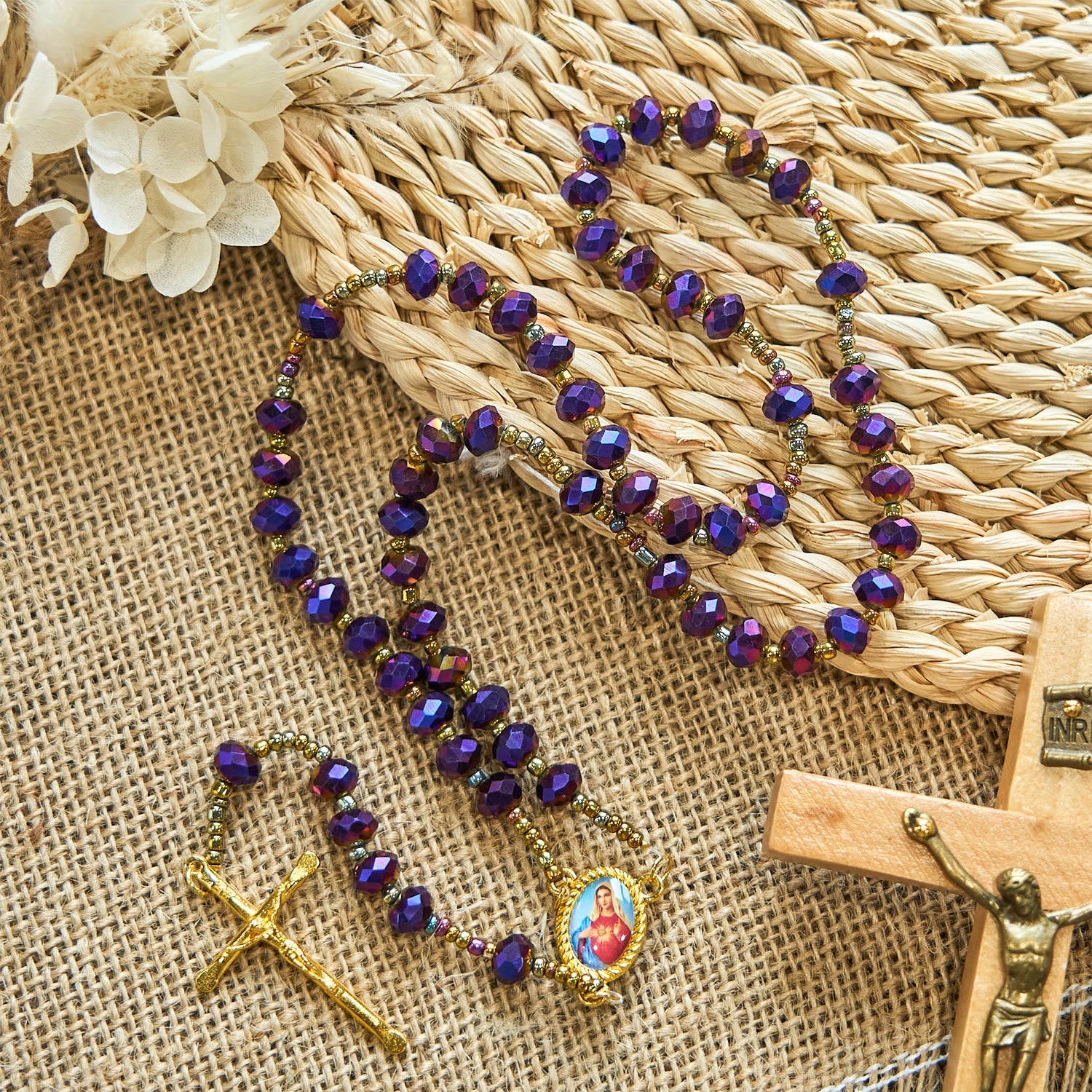 FREE Today: Our Lady Medal & Crucifix of 8mm Purple Glass & Crystal Beads Rosary