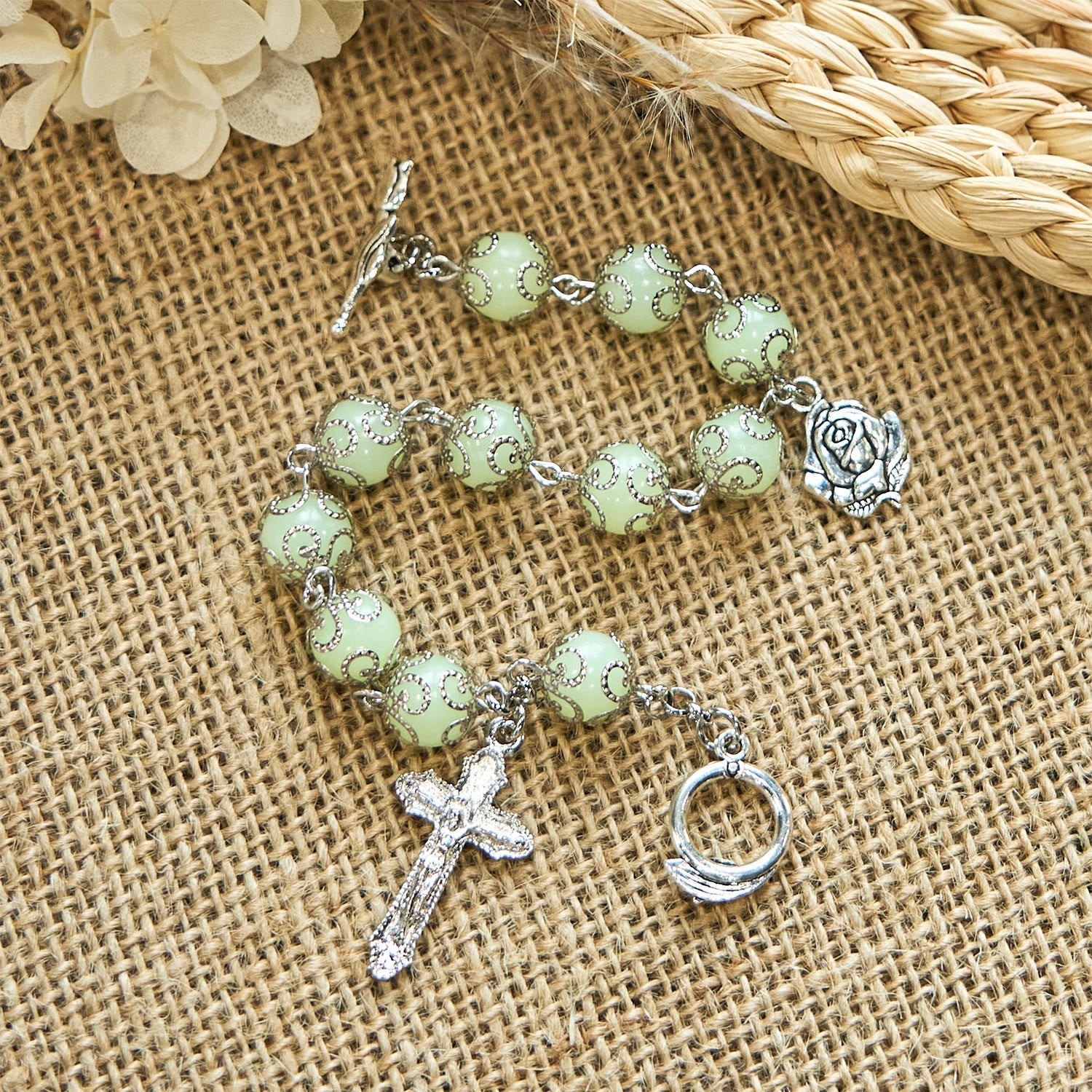 Christiandiscipleshop Green Beads Crucifix Rose Luminous Bracelet: Dreamy Light of Faith