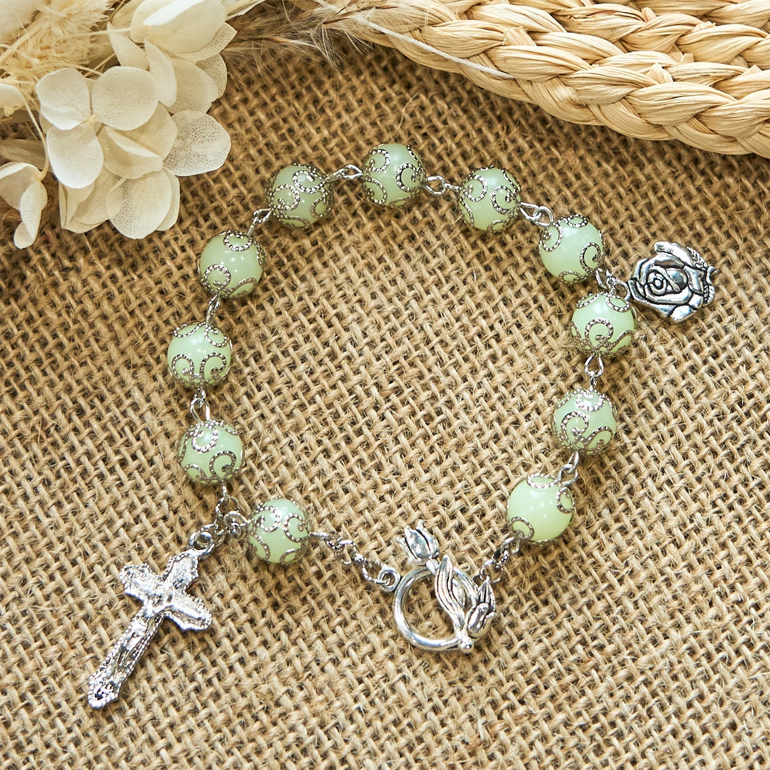 Christiandiscipleshop Green Beads Crucifix Rose Luminous Bracelet: Dreamy Light of Faith