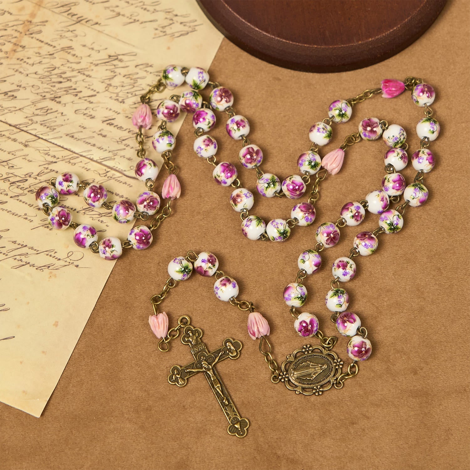 christiandiscipleshop Miraculous Medal & Crucifix of 8mm Ceramic Beads & Flower Resin Beads Handmade Rosary