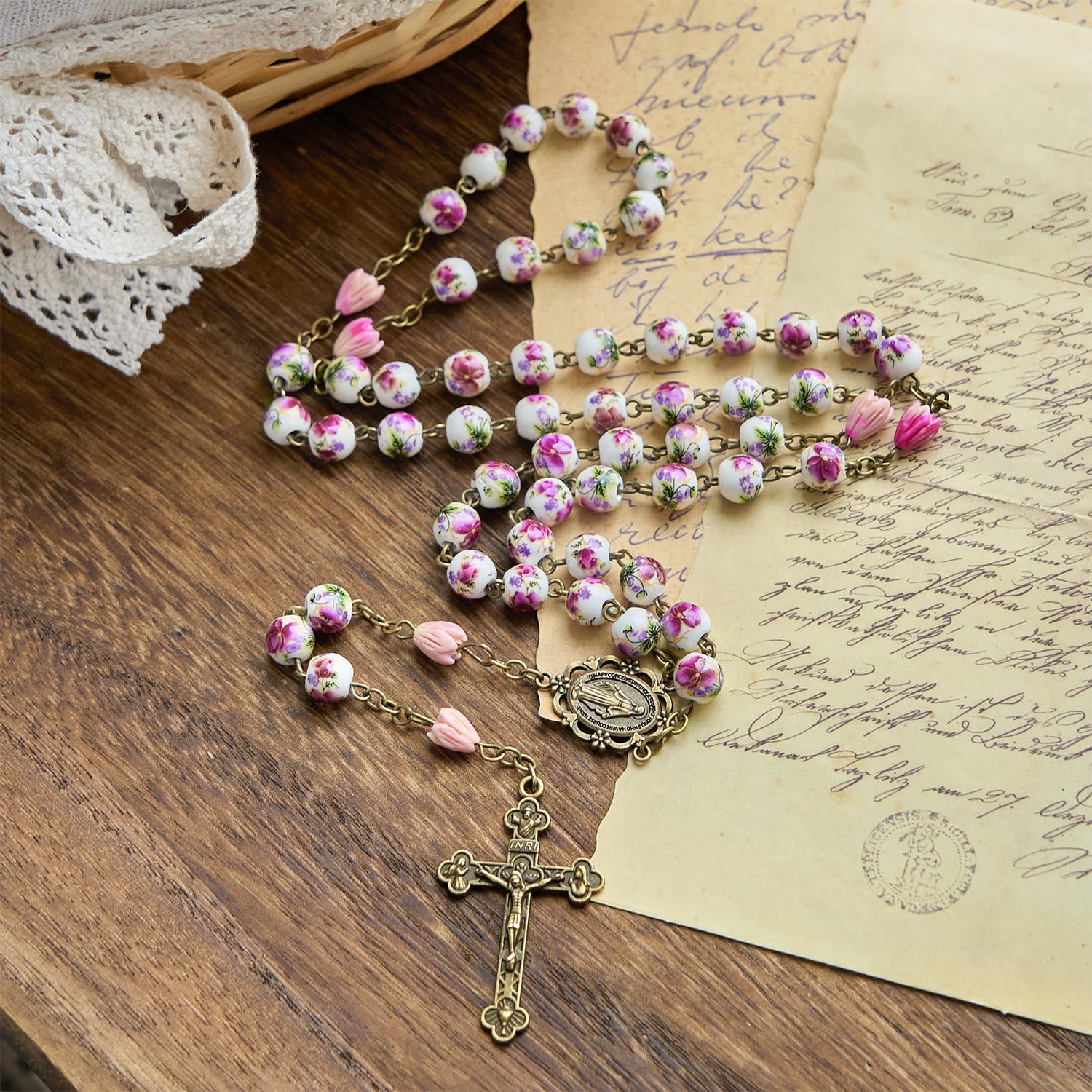 christiandiscipleshop Miraculous Medal & Crucifix of 8mm Ceramic Beads & Flower Resin Beads Handmade Rosary