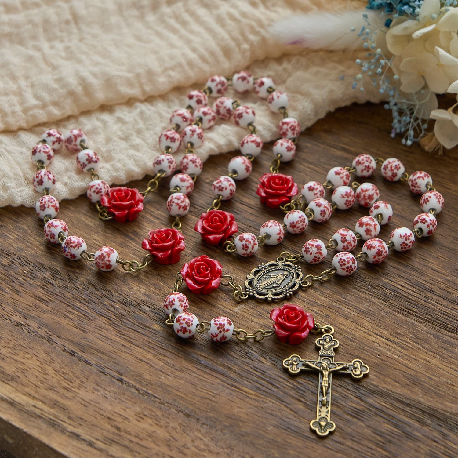 christiandiscipleshop Miraculous Medal & Crucifix of 8mm Ceramic Beads & Rose Cinnabar Beads Handmade Rosary