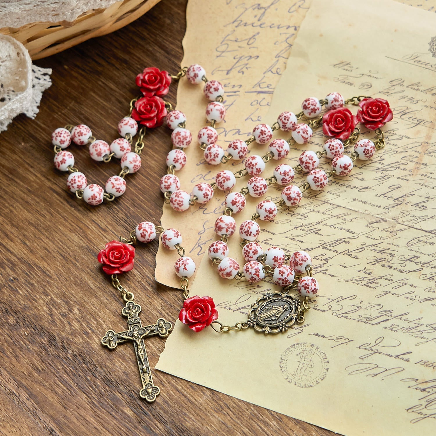 christiandiscipleshop Miraculous Medal & Crucifix of 8mm Ceramic Beads & Rose Cinnabar Beads Handmade Rosary