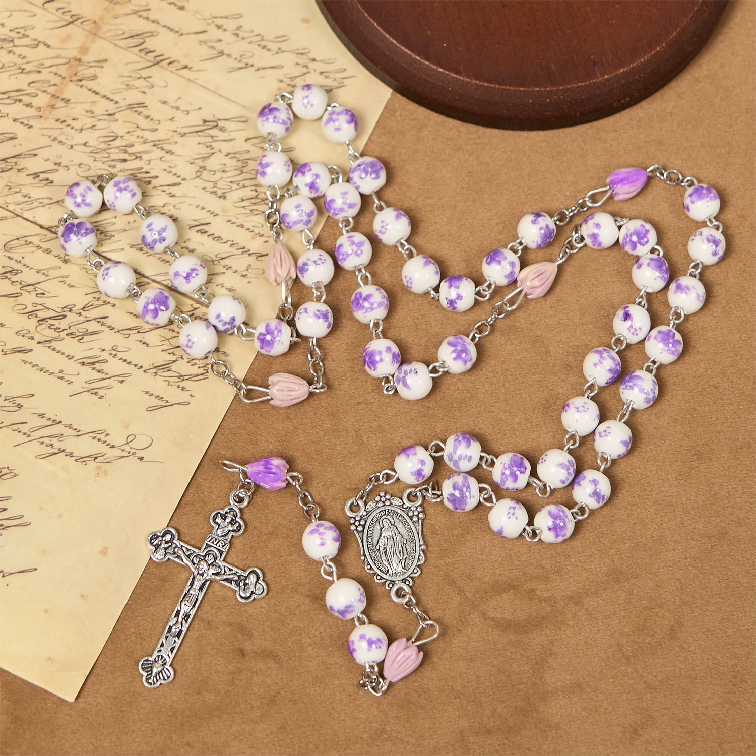 christiandiscipleshop Miraculous Medal & Crucifix of 8mm Ceramics Beads Handmade Rosary