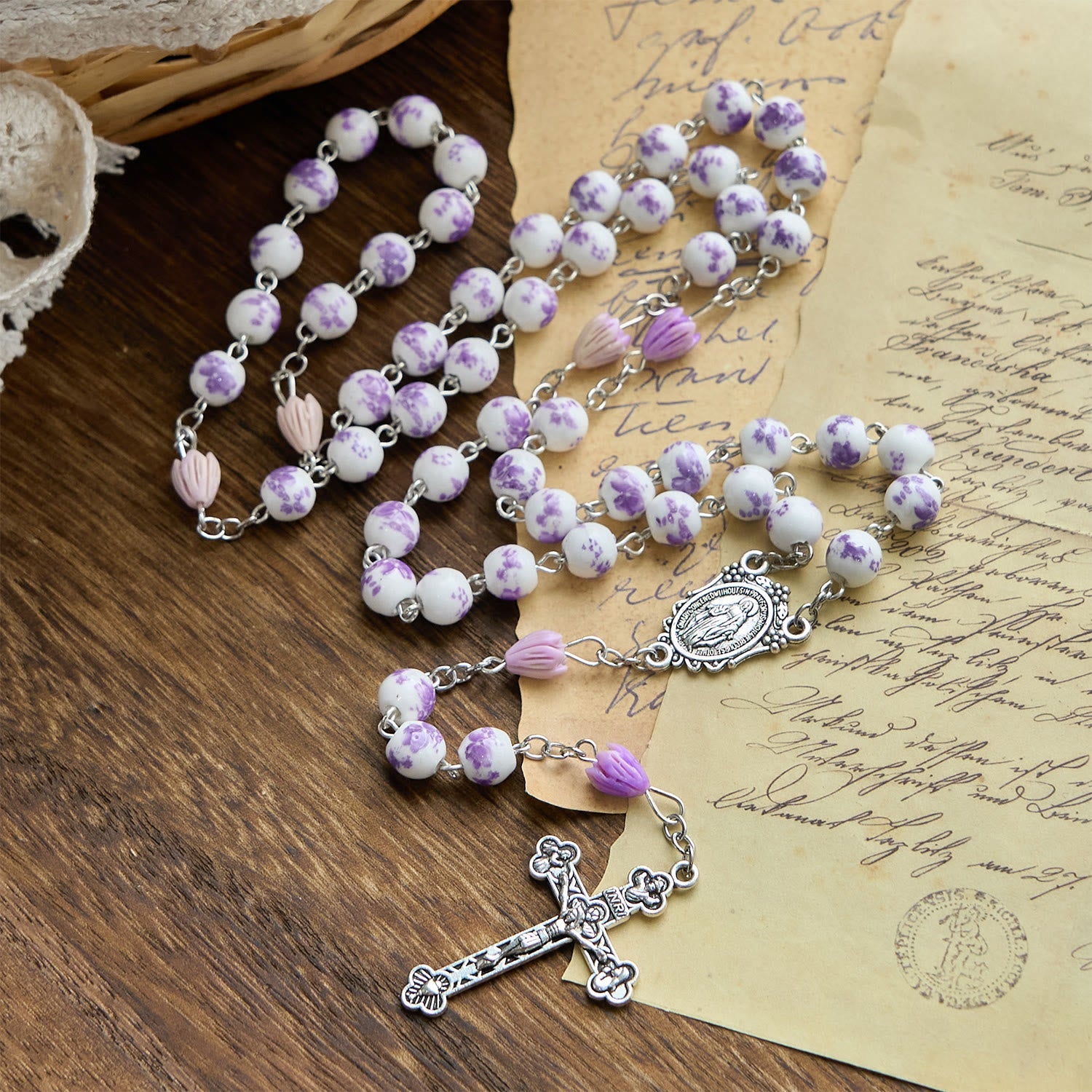 christiandiscipleshop Miraculous Medal & Crucifix of 8mm Ceramics Beads Handmade Rosary