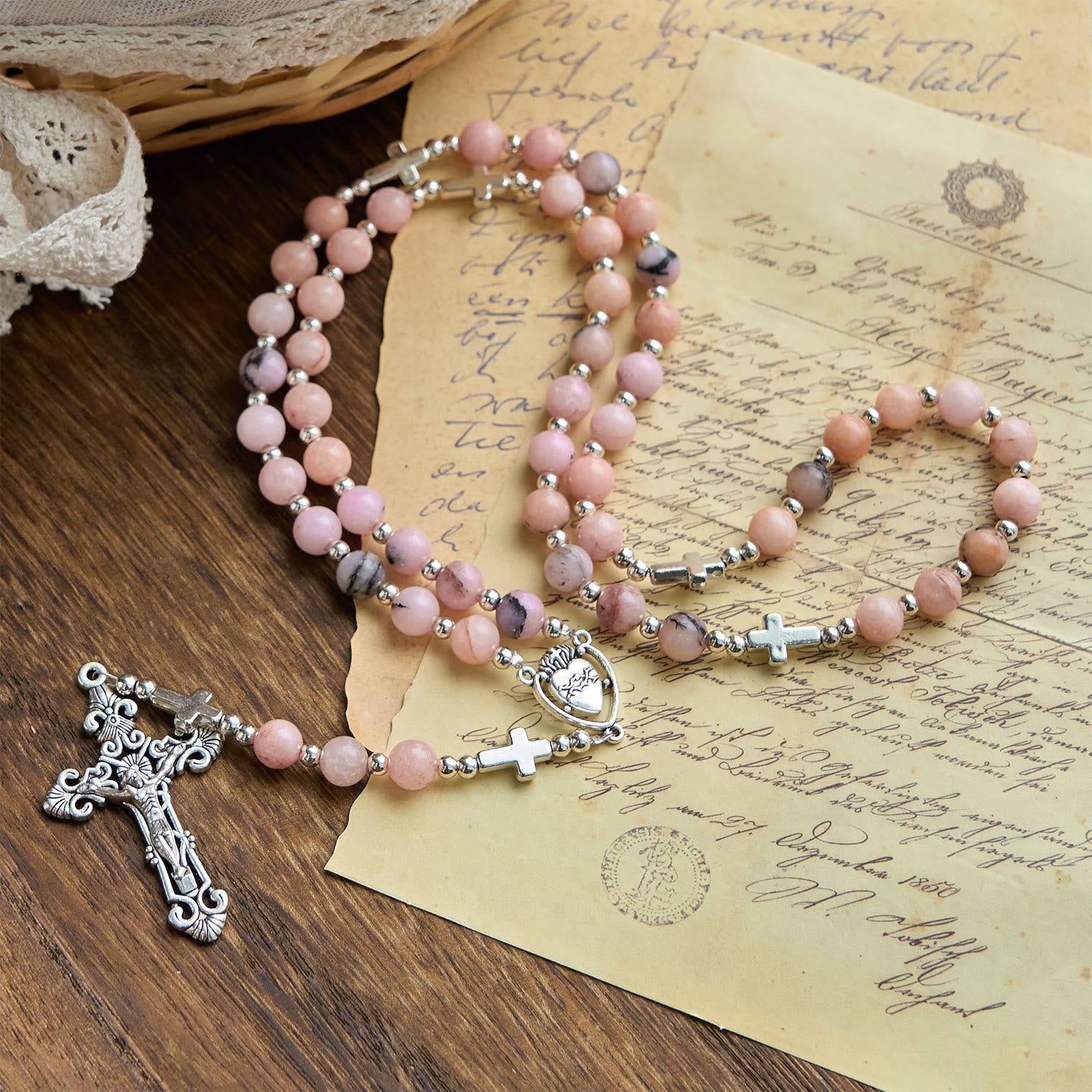 christiandiscipleshop Handmade Rosary with Pink Round Beads & Crucifix – A Floral Tribute to the Sacred Heart