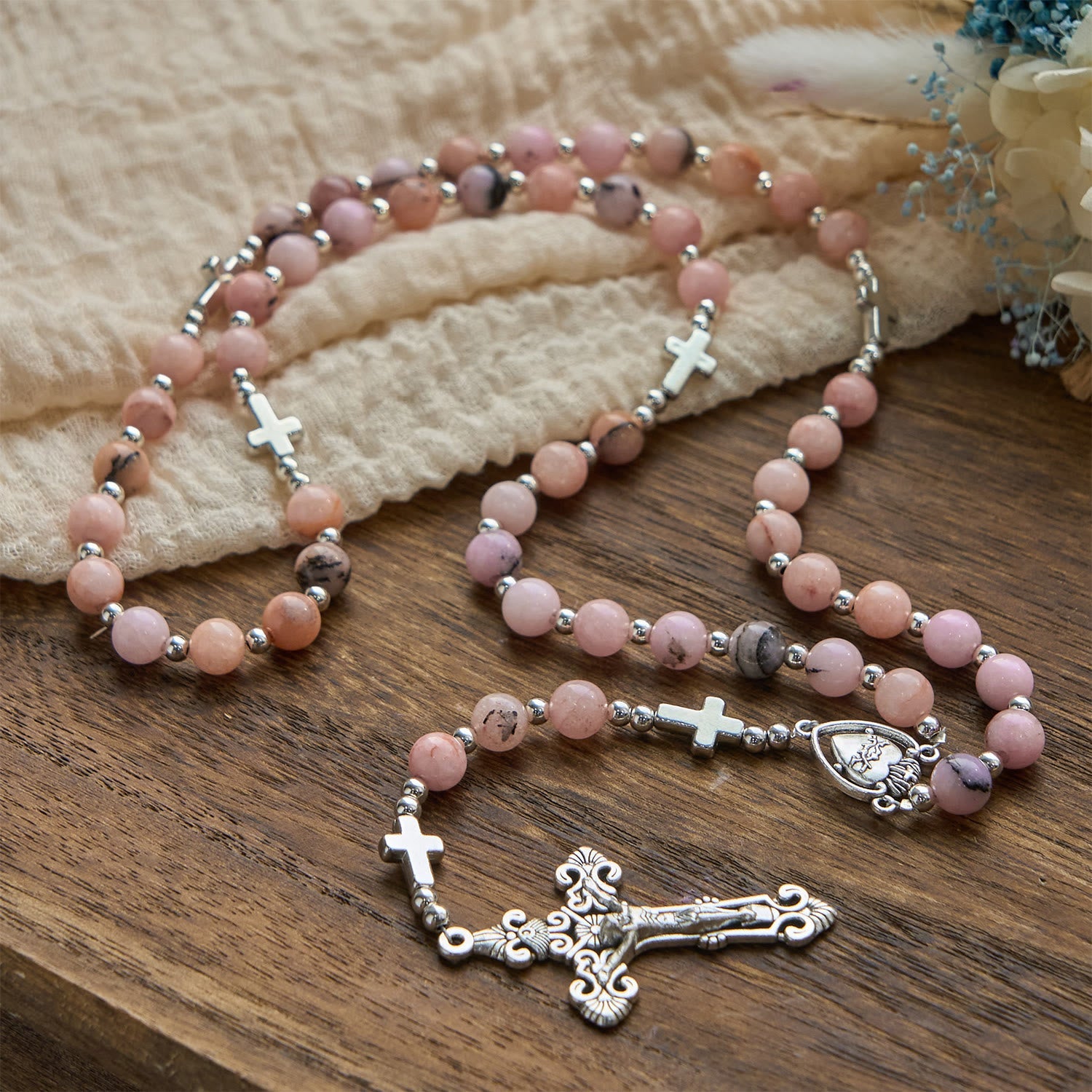 christiandiscipleshop Handmade Rosary with Pink Round Beads & Crucifix – A Floral Tribute to the Sacred Heart