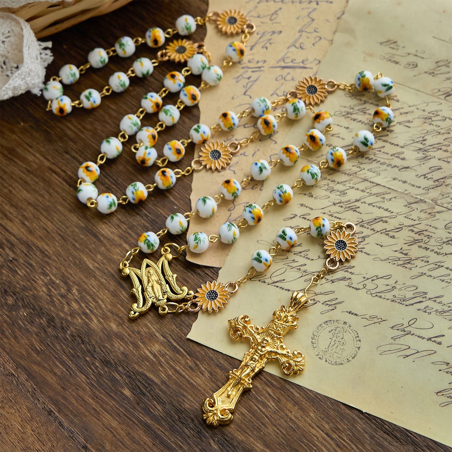 christiandiscipleshop Handmade Sunflower-Inspired Rosary: A Divine Creation with Yellow Floral Beads