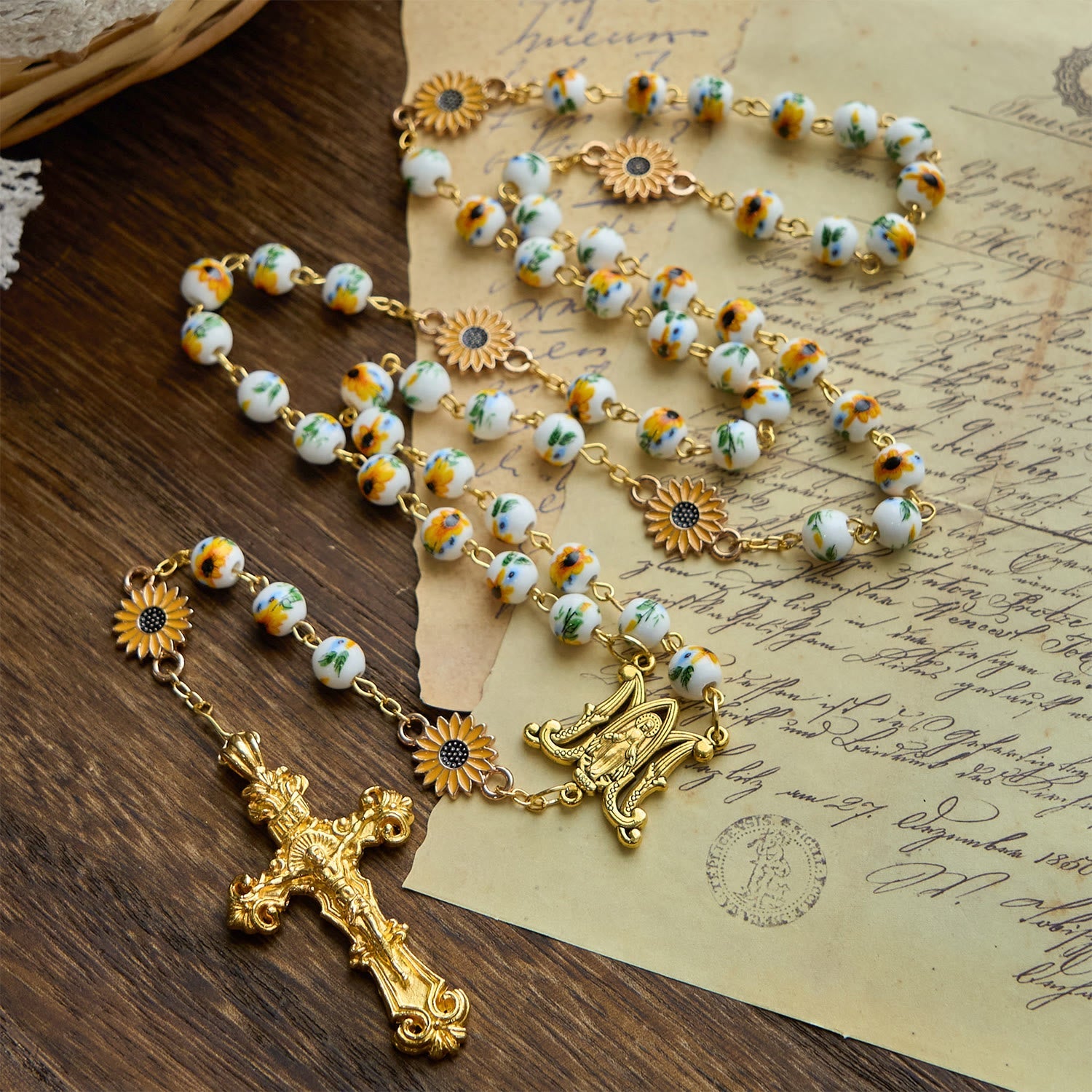 christiandiscipleshop Handmade Sunflower-Inspired Rosary: A Divine Creation with Yellow Floral Beads