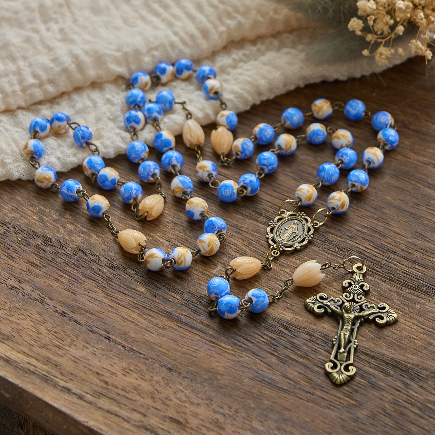 christiandiscipleshop Handmade Floral Rosary with Blue Rose Beads & Lily of Valley: A Peaceful Companion
