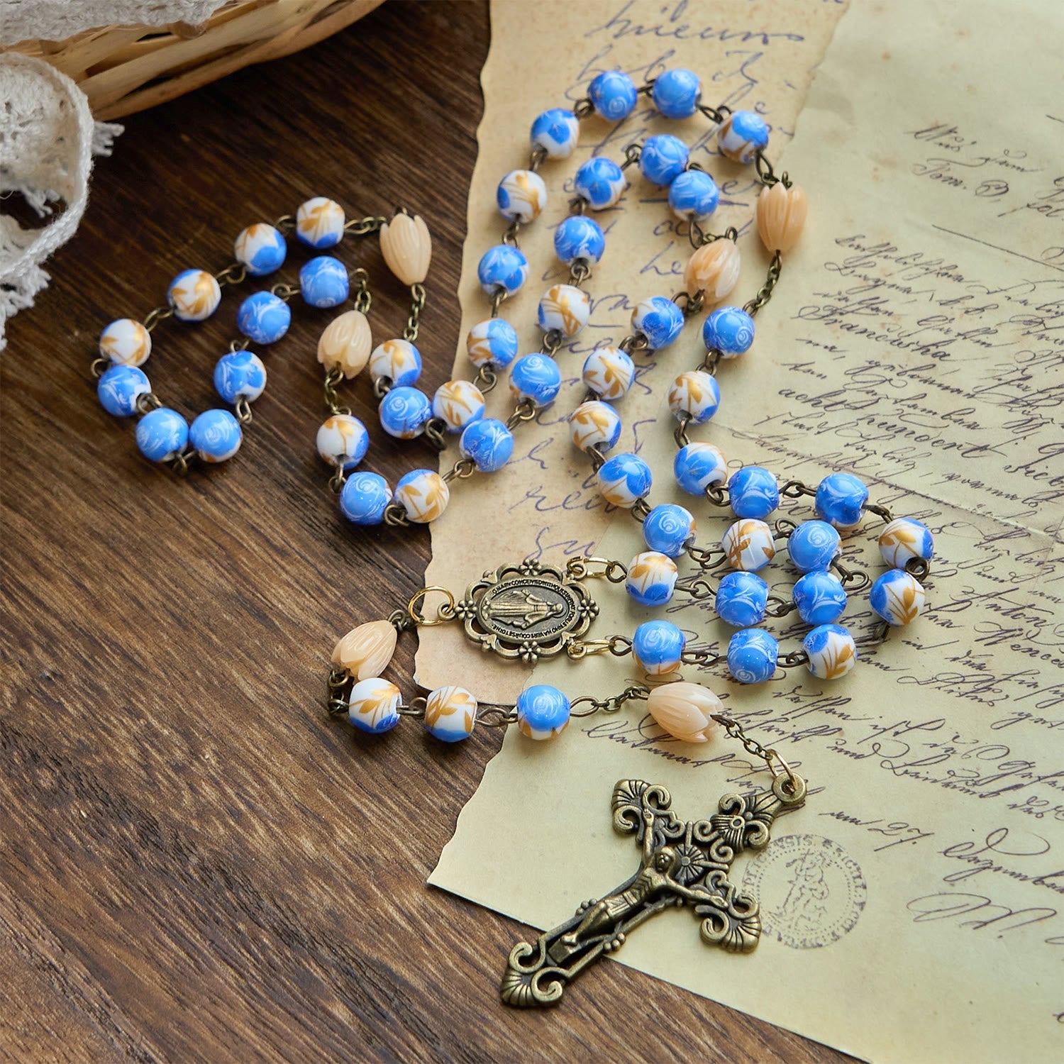 christiandiscipleshop Handmade Floral Rosary with Blue Rose Beads & Lily of Valley: A Peaceful Companion