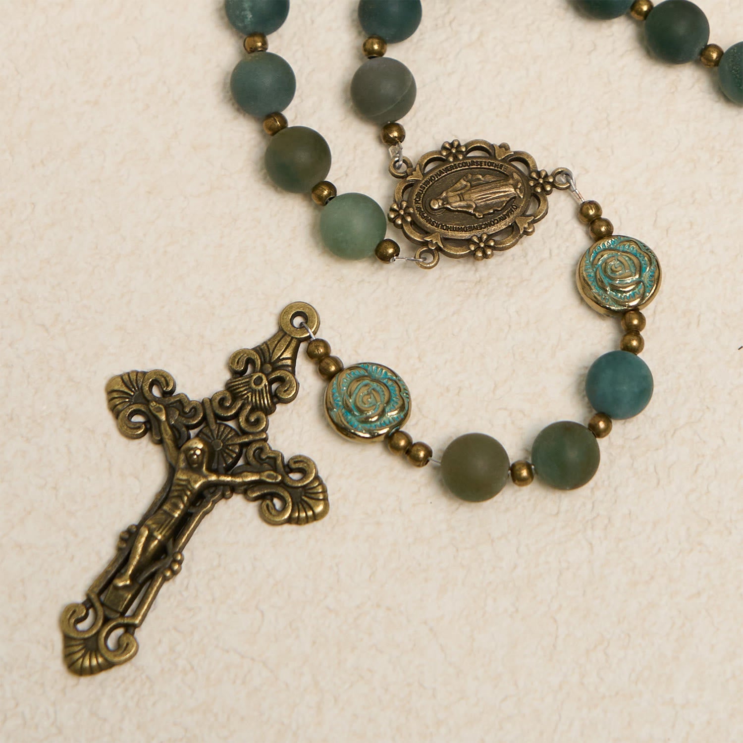 Christiandiscipleshop Green Agate Prayer Rosary with Bronze Rose Accents: A Sacred Journey of Healing and Faith