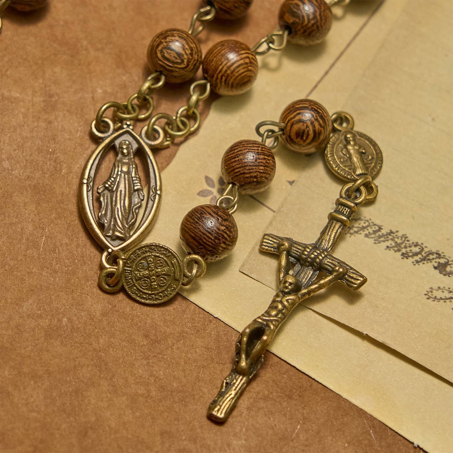 christiandiscipleshop Miraculous Medal & Crucifix St. Benedict Medal 8mm Wooden Beads Rosary