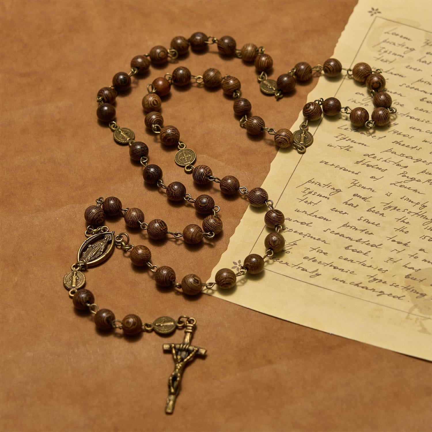 christiandiscipleshop Miraculous Medal & Crucifix St. Benedict Medal 8mm Wooden Beads Rosary