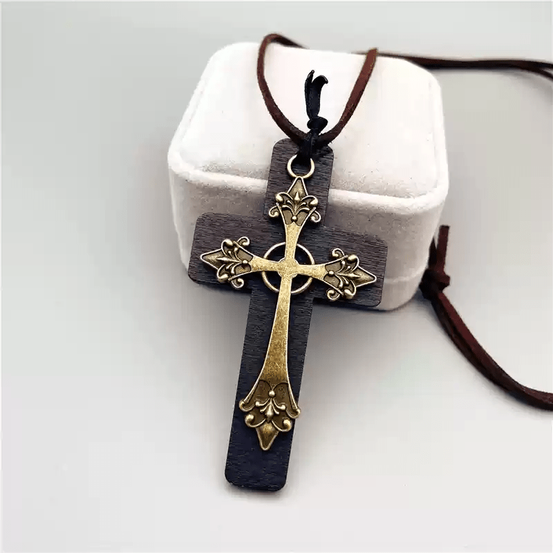 christiandiscipleshop Vintage Double Wood Metal Cross Necklace