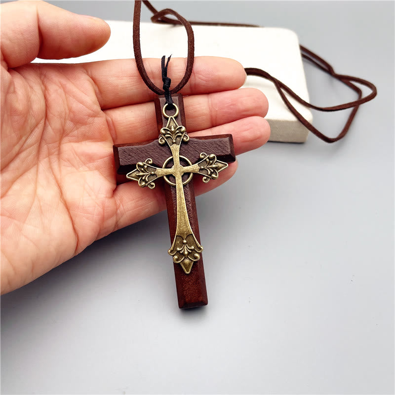 christiandiscipleshop Vintage Double Wood Metal Cross Necklace