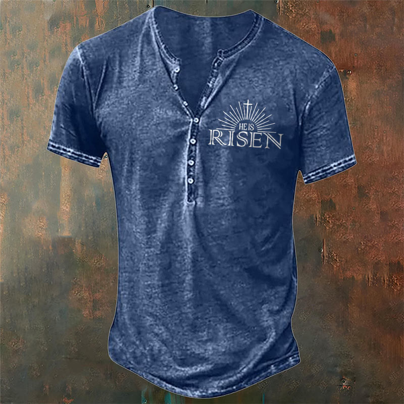 christiandiscipleshop Men's Faith with 'He is Risen' Print Henley Neck T-Shirt