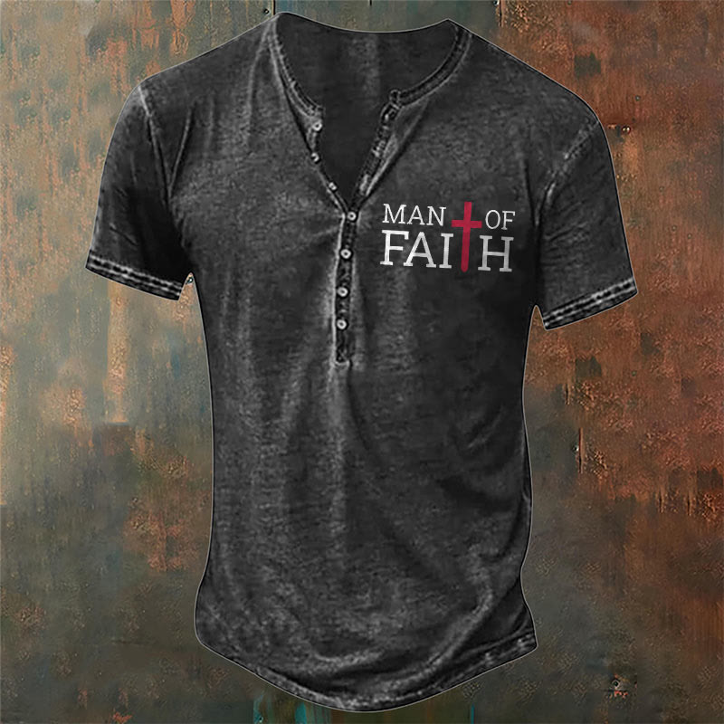 christiandiscipleshop Men's Faith with Red Cross Print Henley Neck T-Shirt