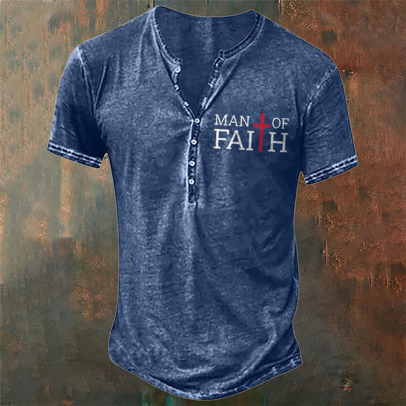 christiandiscipleshop Men's Faith with Red Cross Print Henley Neck T-Shirt