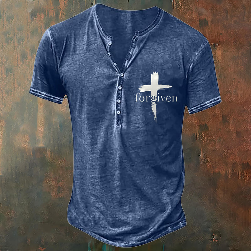 christiandiscipleshop Men's Faith Forgiven Print Henley Neck T-Shirt