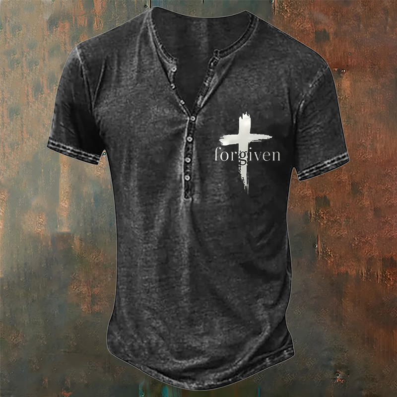 christiandiscipleshop Men's Faith Forgiven Print Henley Neck T-Shirt