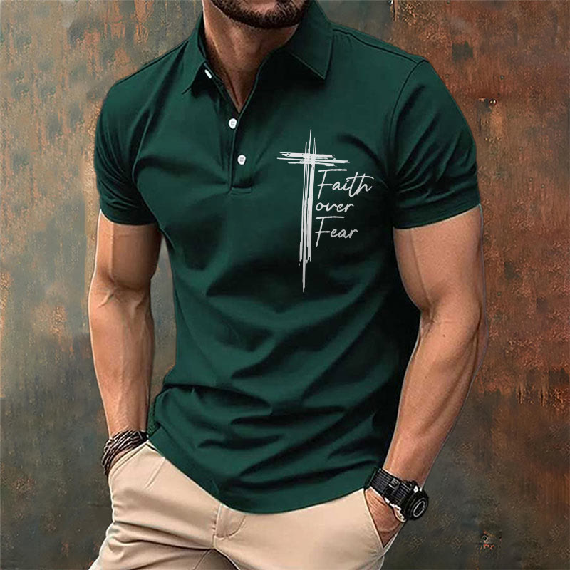 christiandiscipleshop Men's Retro Faith"Faith Over Fear"Casual Printed Polo Shirt