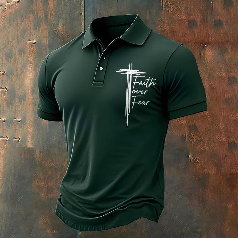 christiandiscipleshop Men's Retro Faith"Faith Over Fear"Casual Printed Polo Shirt