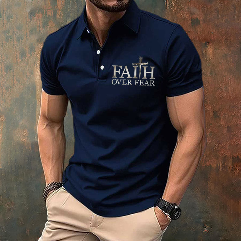 christiandiscipleshop Men's Retro Faith"Faith Over Fear"Casual Printed Polo Shirt