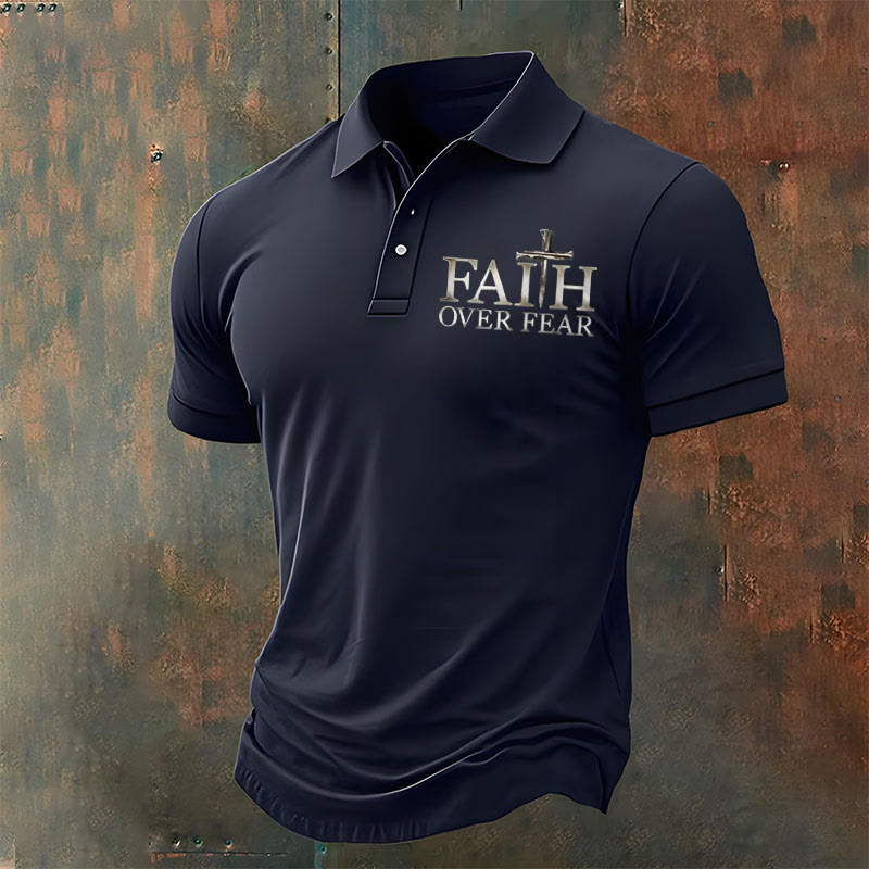 christiandiscipleshop Men's Retro Faith"Faith Over Fear"Casual Printed Polo Shirt