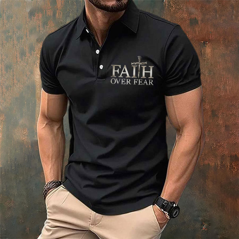 christiandiscipleshop Men's Retro Faith"Faith Over Fear"Casual Printed Polo Shirt