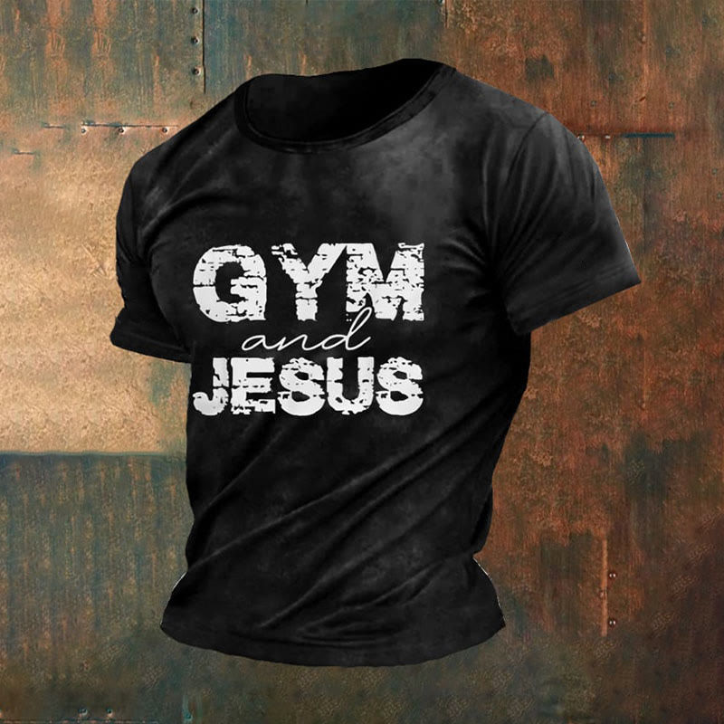 christiandiscipleshop Men's Retro Gym And Faith Print Casual Round Neck T-Shirt
