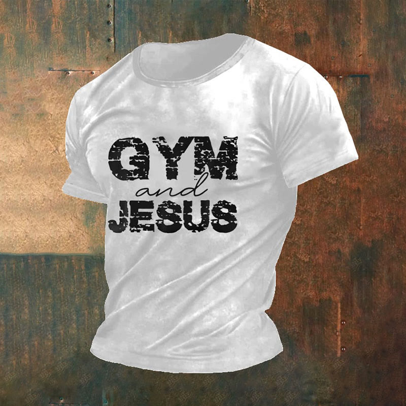 christiandiscipleshop Men's Retro Gym And Faith Print Casual Round Neck T-Shirt