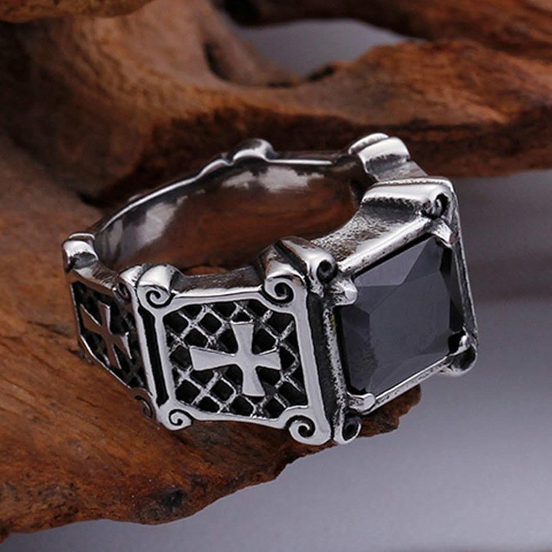 FREE Today: Red & Black Gemstone Cross - Embellished Couple Ring: A Symbol of Faith and Style