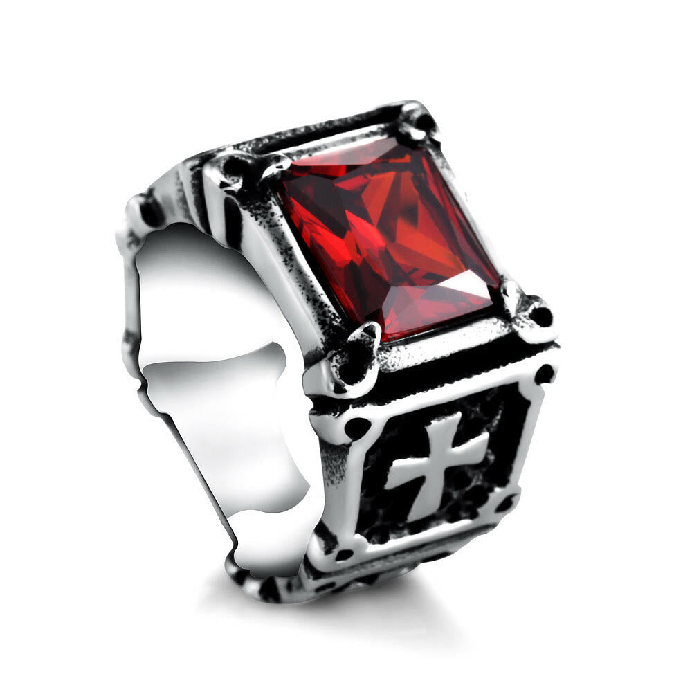 FREE Today: Red & Black Gemstone Cross - Embellished Couple Ring: A Symbol of Faith and Style