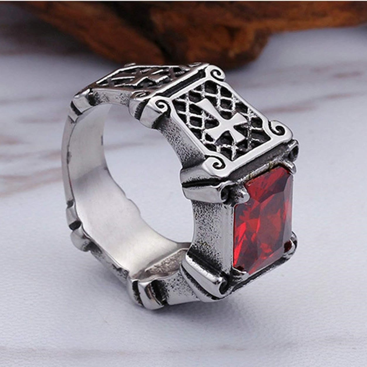 FREE Today: Red & Black Gemstone Cross - Embellished Couple Ring: A Symbol of Faith and Style