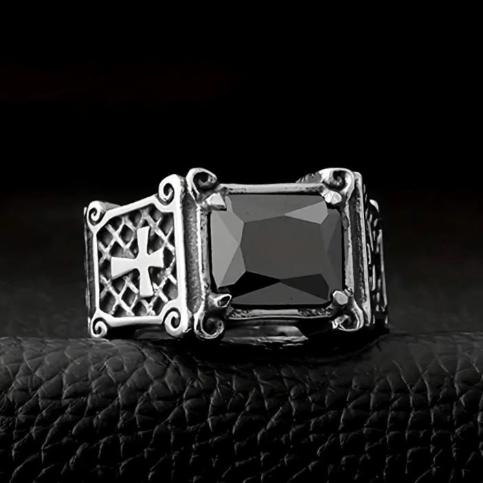 FREE Today: Red & Black Gemstone Cross - Embellished Couple Ring: A Symbol of Faith and Style