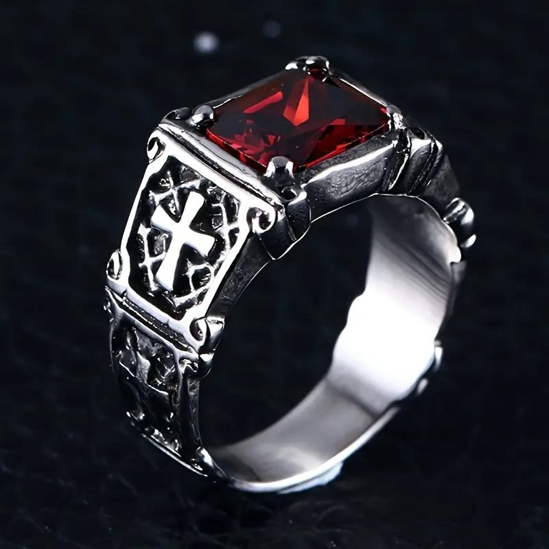 FREE Today: Red & Black Gemstone Cross - Embellished Couple Ring: A Symbol of Faith and Style