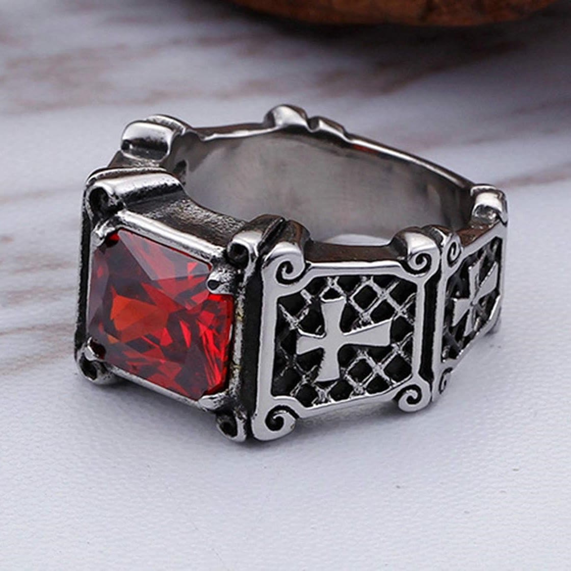FREE Today: Red & Black Gemstone Cross - Embellished Couple Ring: A Symbol of Faith and Style
