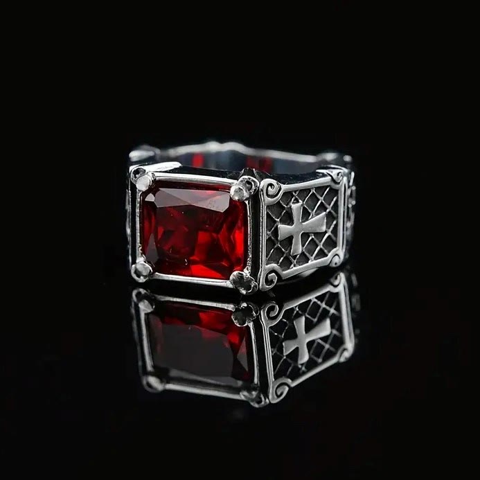 FREE Today: Red & Black Gemstone Cross - Embellished Couple Ring: A Symbol of Faith and Style
